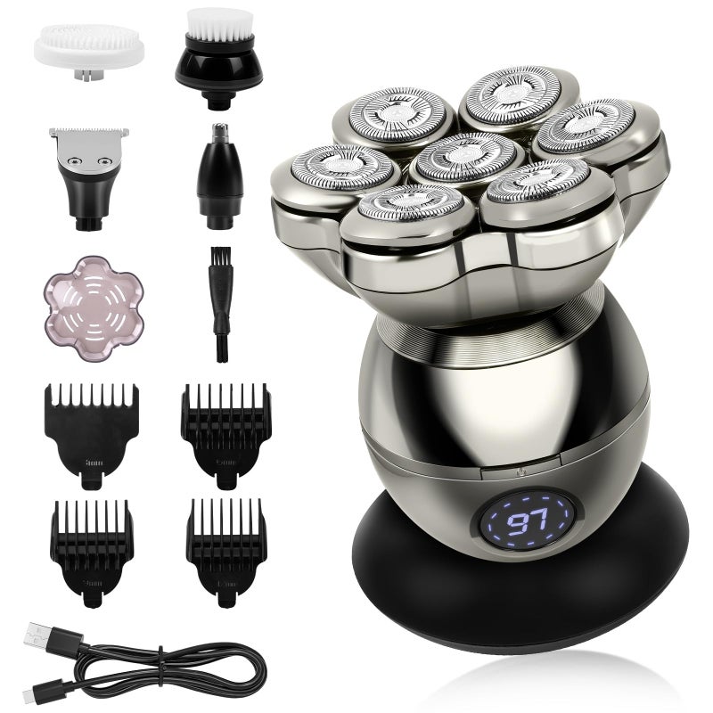 LOPHE Electric Razor for Men,5-in-1 Electric Shaver for Bald Men, 7D Floating Head Shaver with IPX6 Waterproof, Type-C Charging, LED Display, Cordless Wet/Dry Razor, Full Grooming Kit for Face & Head